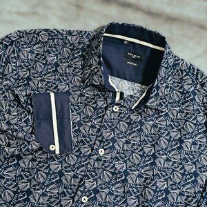 Rosso Milano Italy Men's Large L/S Blue Geometric Button-Down Shirt Modern Fit
